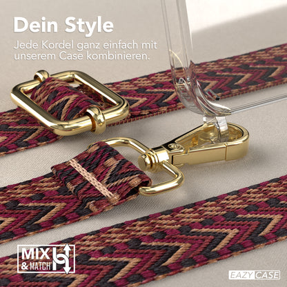 iPhone 15 Pro Handykette mit verstellbarem Boho Band von EAZY CASE #farbe-band_rot-braun_metallfarbe-gold