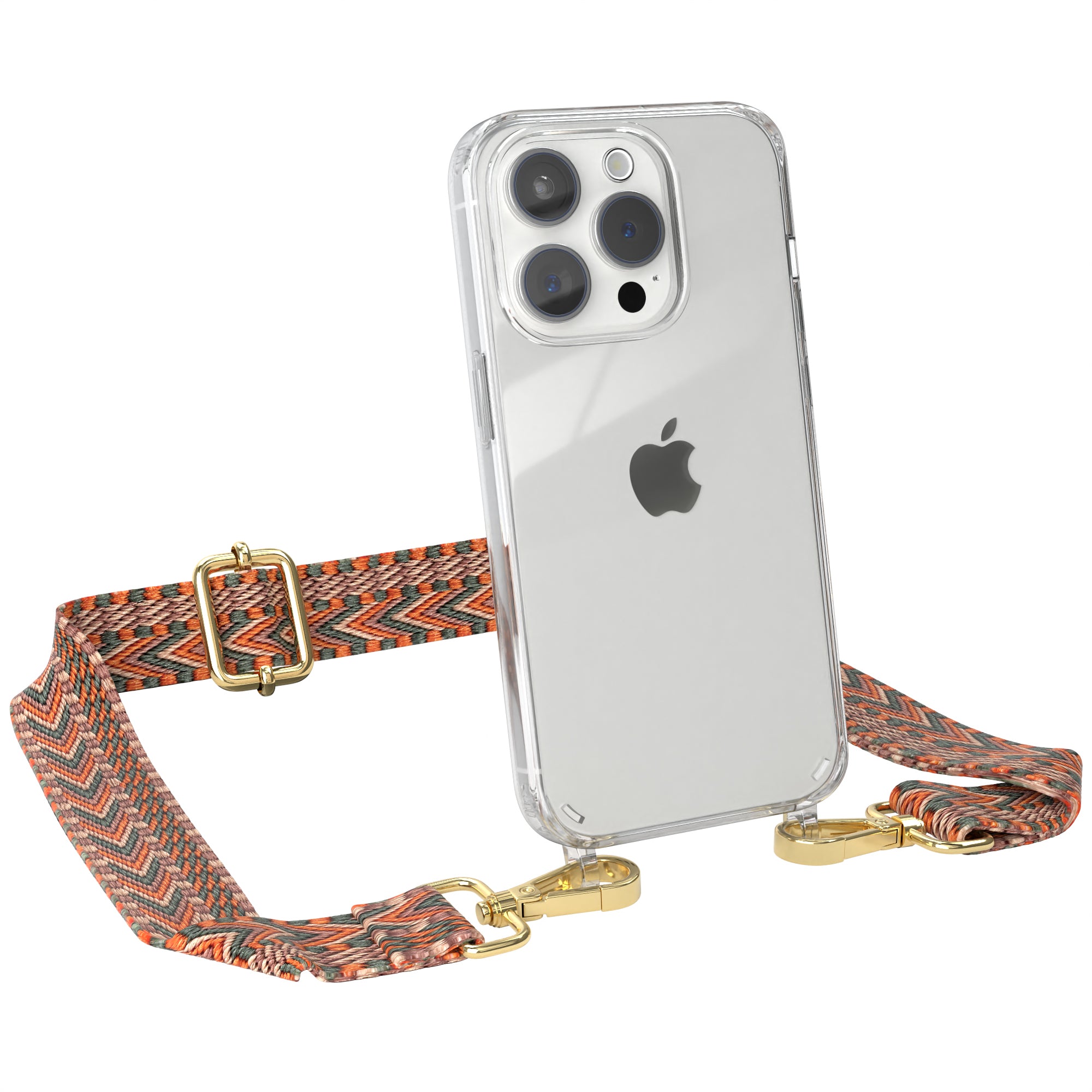 iPhone 15 Pro Handykette mit verstellbarem Boho Band von EAZY CASE #farbe-band_orange-grun_metallfarbe-gold