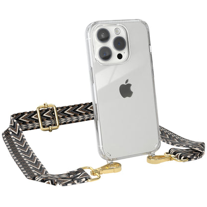 iPhone 15 Pro Handykette mit verstellbarem Boho Band von EAZY CASE #farbe-band_grau-schwarz_metallfarbe-gold