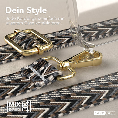 iPhone 15 Pro Handykette mit verstellbarem Boho Band von EAZY CASE #farbe-band_grau-schwarz_metallfarbe-gold
