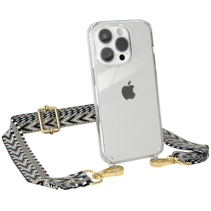 iPhone 15 Pro Handykette mit verstellbarem Boho Band von EAZY CASE #farbe-band_grun-schwarz_metallfarbe-gold