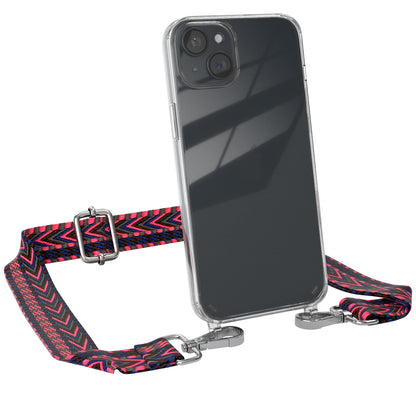 iPhone 15 Plus Handykette mit Boho Band von EAZY CASE #farbe-band_pink-blau_metallfarbe-silber