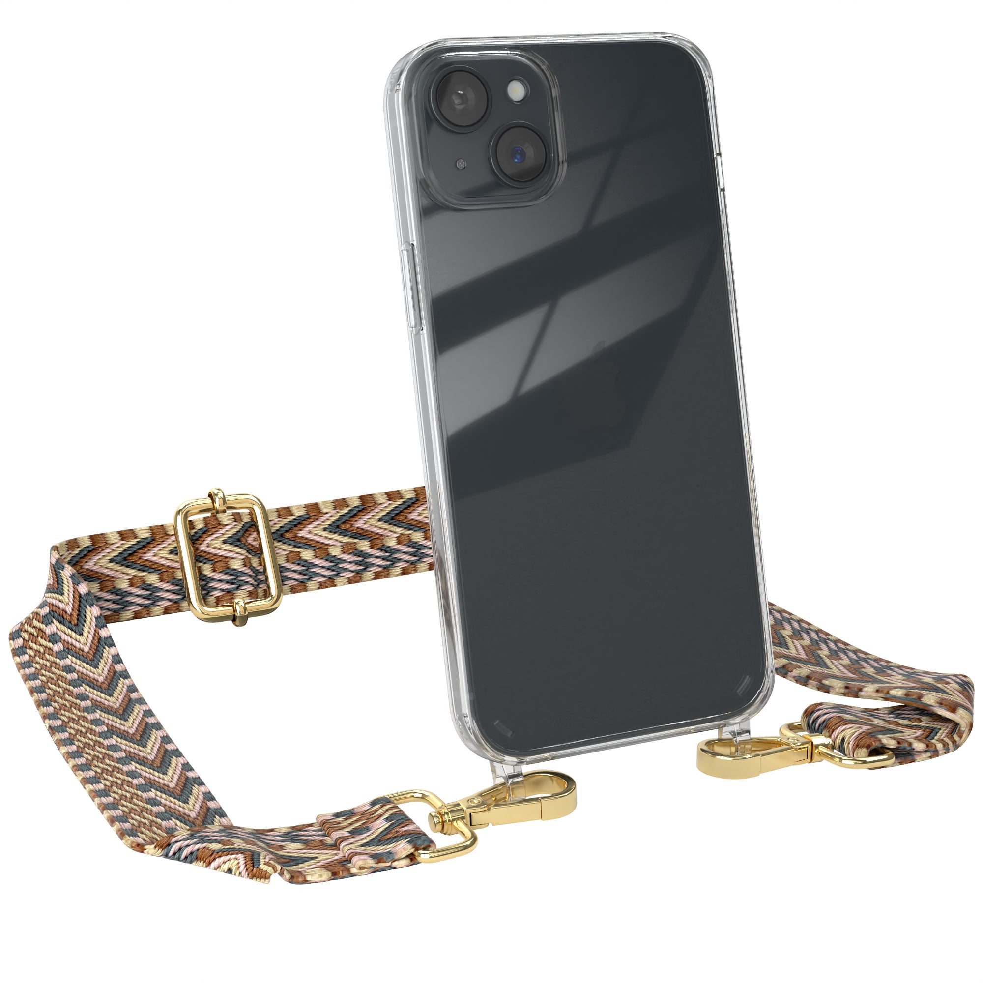 iPhone 15 Plus Handykette mit Boho Band von EAZY CASE #farbe-band_hellbraun-braun_metallfarbe-gold