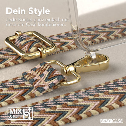 iPhone 15 Plus Handykette mit Boho Band von EAZY CASE #farbe-band_hellbraun-braun_metallfarbe-gold