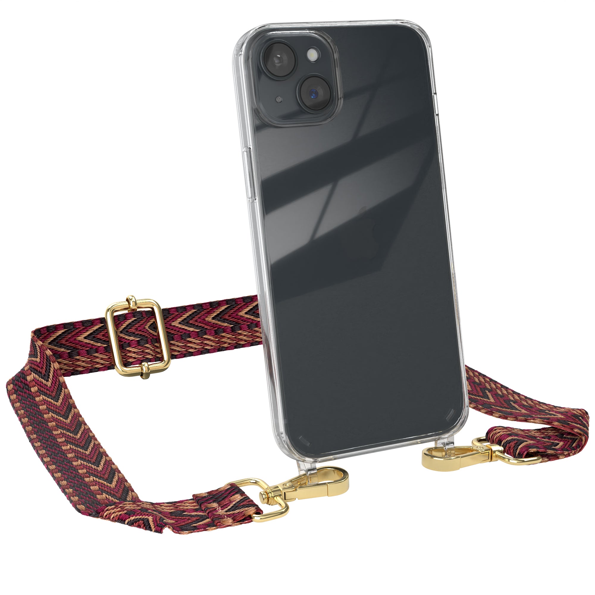 iPhone 15 Plus Handykette mit Boho Band von EAZY CASE #farbe-band_rot-braun_metallfarbe-gold