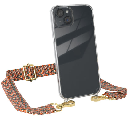 iPhone 15 Plus Handykette mit Boho Band von EAZY CASE #farbe-band_orange-grun_metallfarbe-gold