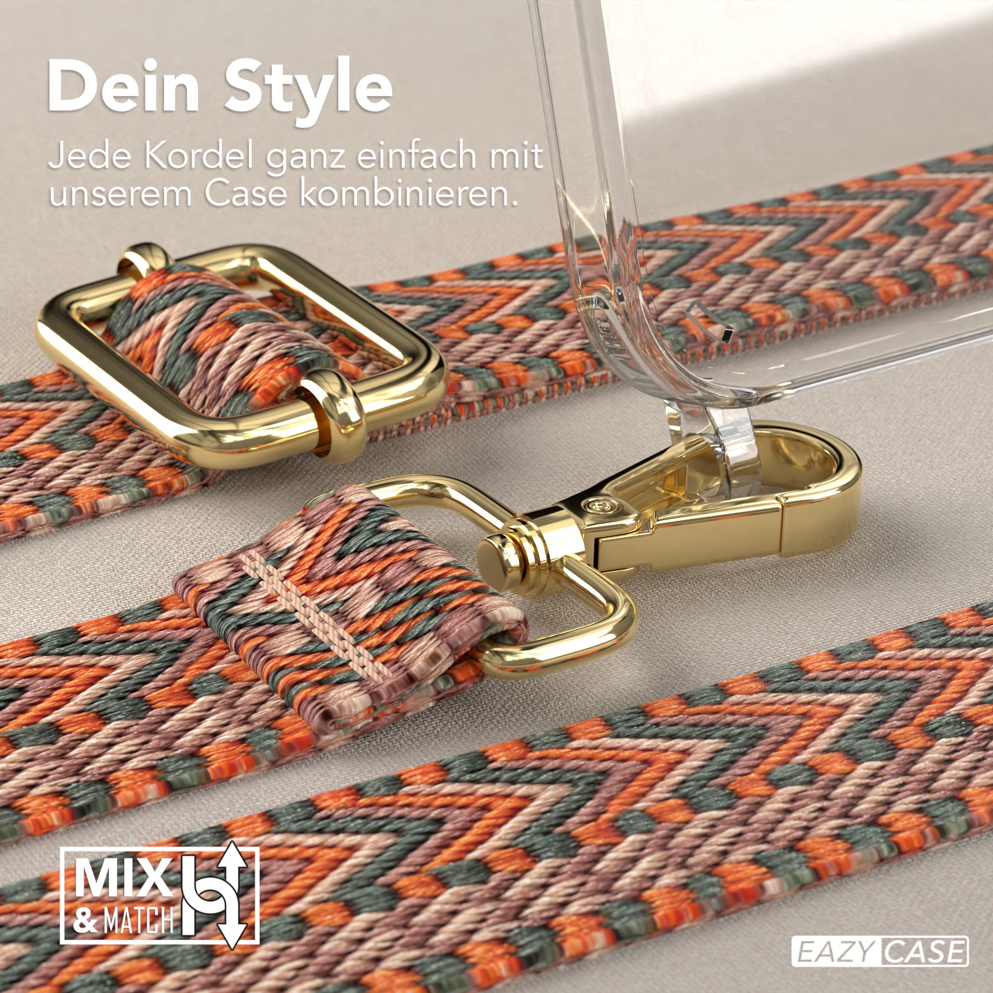 iPhone 15 Plus Handykette mit Boho Band von EAZY CASE #farbe-band_orange-grun_metallfarbe-gold