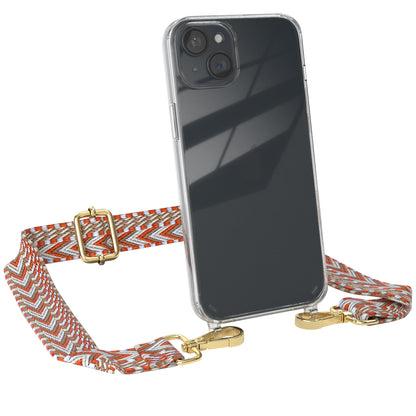 iPhone 15 Plus Handykette mit Boho Band von EAZY CASE #farbe-band_hellblau-rot_metallfarbe-gold
