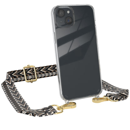 iPhone 15 Plus Handykette mit Boho Band von EAZY CASE #farbe-band_grau-schwarz_metallfarbe-gold