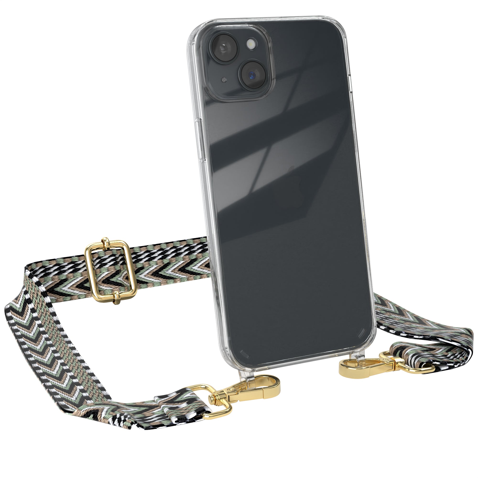 iPhone 15 Plus Handykette mit Boho Band von EAZY CASE #farbe-band_grun-schwarz_metallfarbe-gold