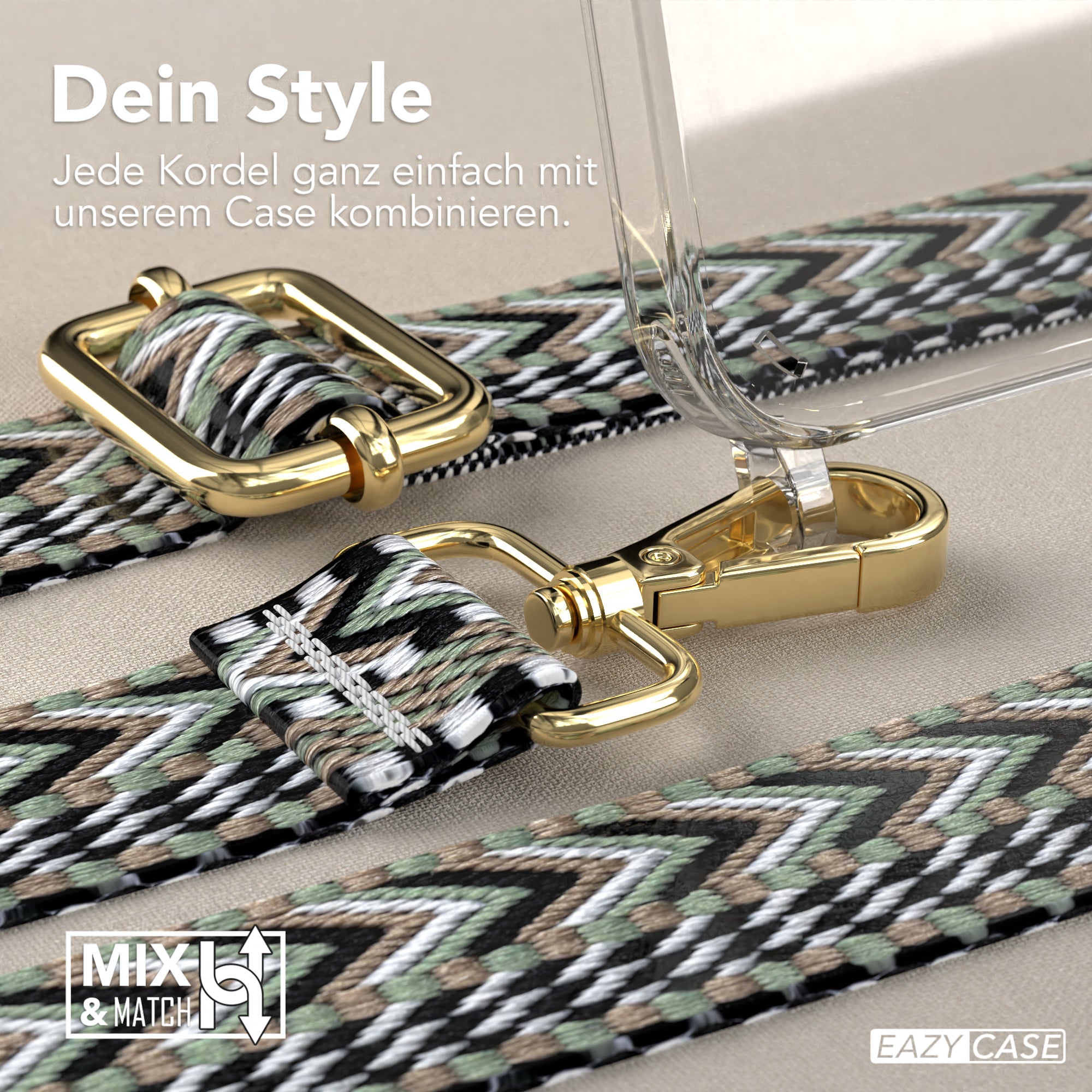 iPhone 15 Plus Handykette mit Boho Band von EAZY CASE #farbe-band_grun-schwarz_metallfarbe-gold