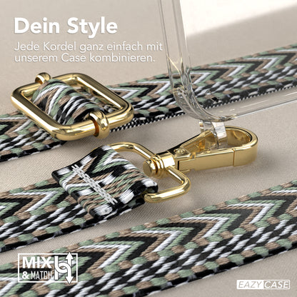 iPhone 15 Plus Handykette mit Boho Band von EAZY CASE #farbe-band_grun-schwarz_metallfarbe-gold