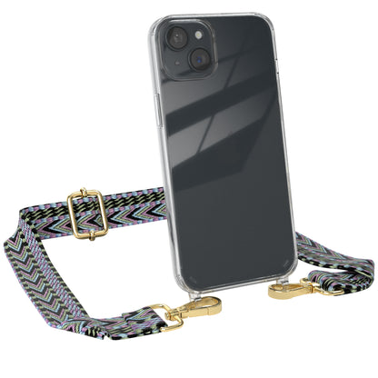 iPhone 15 Plus Handykette mit Boho Band von EAZY CASE #farbe-band_lila-grun_metallfarbe-gold