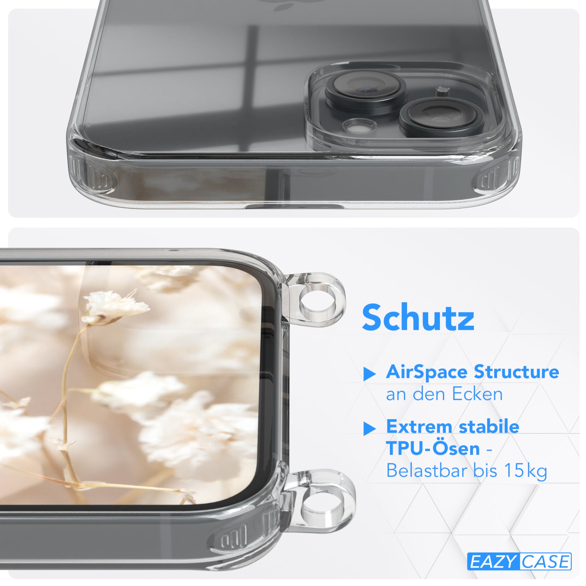 iPhone 15 Plus Handykette mit Boho Band von EAZY CASE #farbe-band_lila-grun_metallfarbe-gold