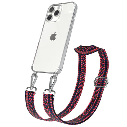 iPhone 15 Pro Max Handykette mit verstellbarem Boho Band Set #farbe-band_pink-blau_metallfarbe-silber