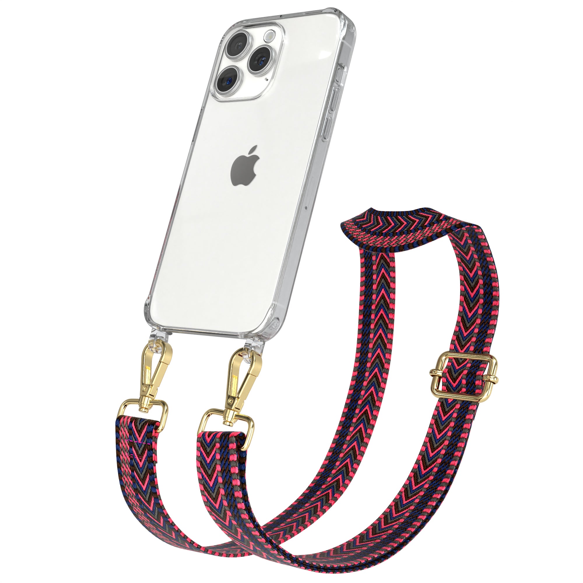iPhone 15 Pro Max Handykette mit verstellbarem Boho Band Set #farbe-band_pink-blau_metallfarbe-gold