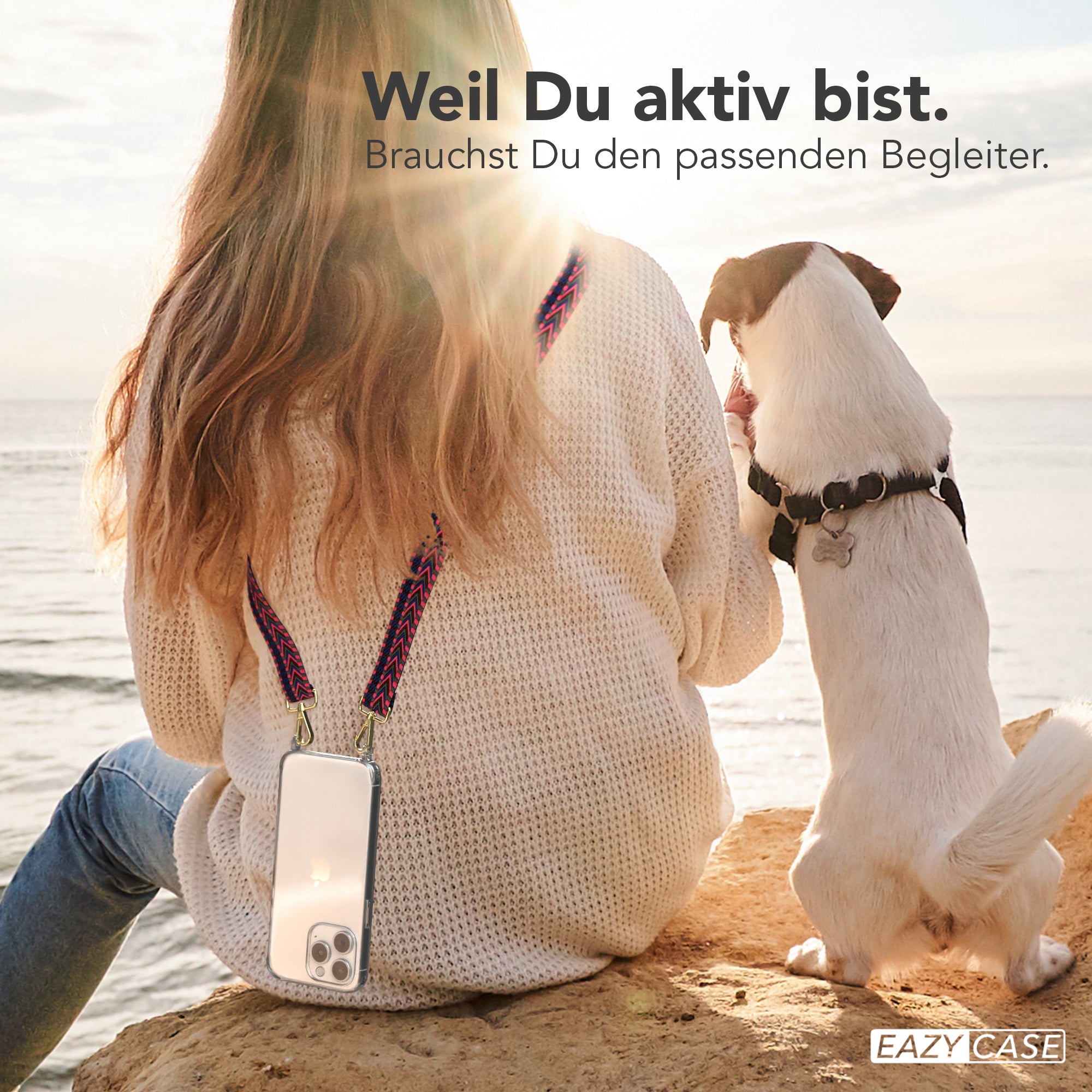 iPhone 15 Pro Max Handykette mit verstellbarem Boho Band Set #farbe-band_pink-blau_metallfarbe-gold