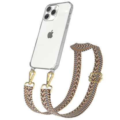 iPhone 15 Pro Max Handykette mit verstellbarem Boho Band Set #farbe-band_hellbraun-braun_metallfarbe-gold
