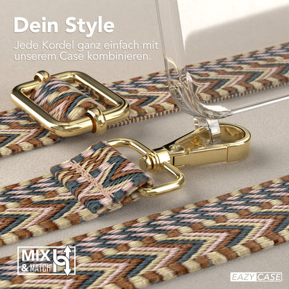 iPhone 15 Pro Max Handykette mit verstellbarem Boho Band Set #farbe-band_hellbraun-braun_metallfarbe-gold