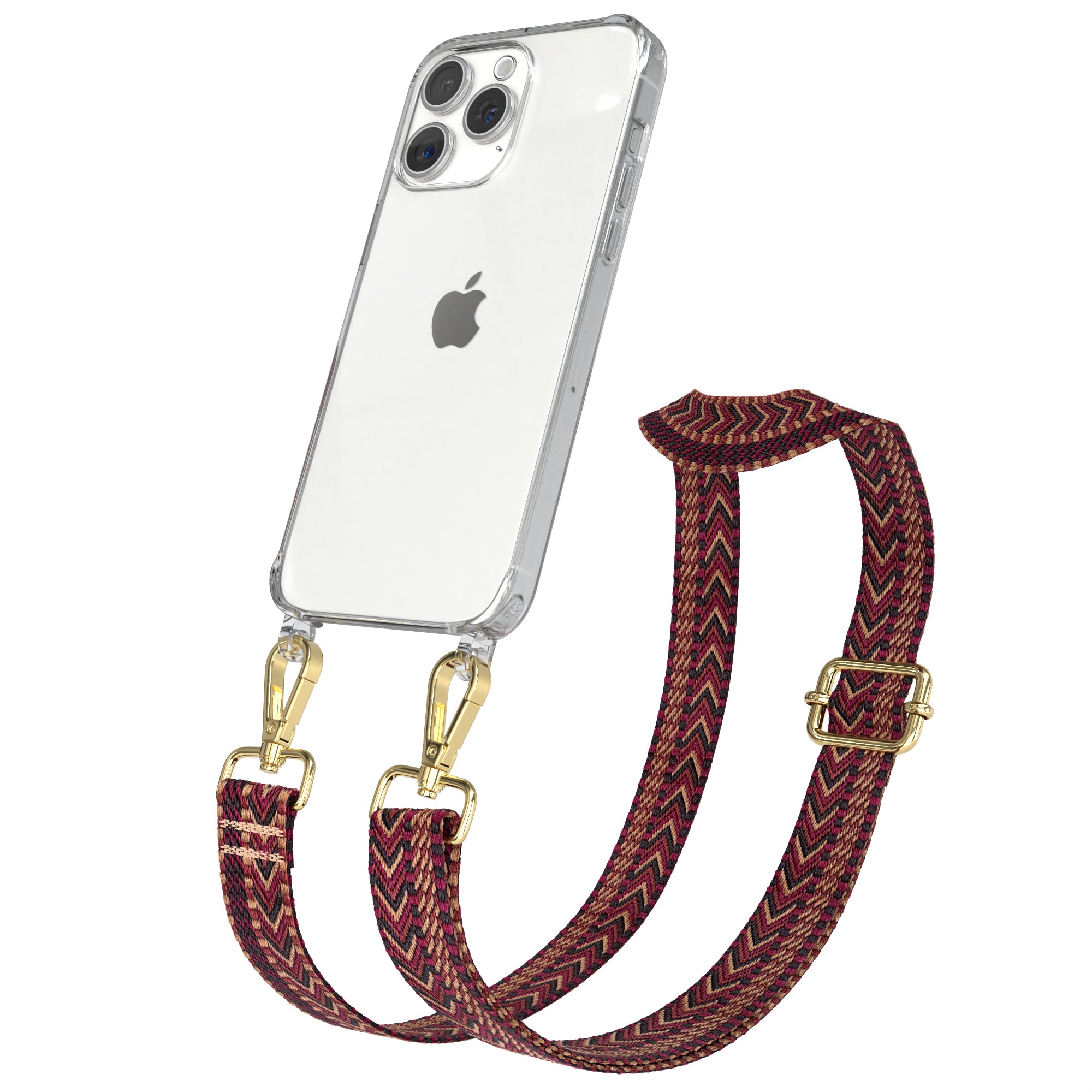 iPhone 15 Pro Max Handykette mit verstellbarem Boho Band Set #farbe-band_rot-braun_metallfarbe-gold
