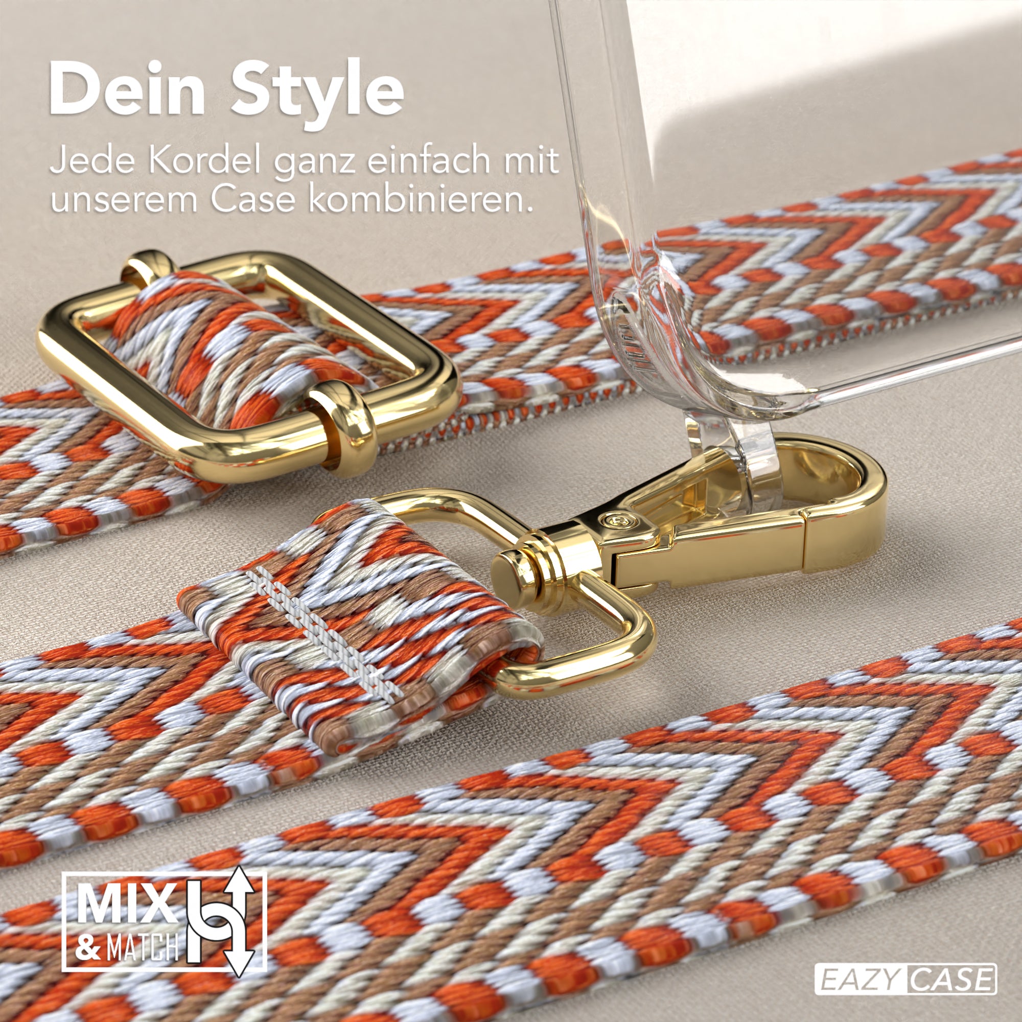 iPhone 15 Pro Max Handykette mit verstellbarem Boho Band Set #farbe-band_hellblau-rot_metallfarbe-gold