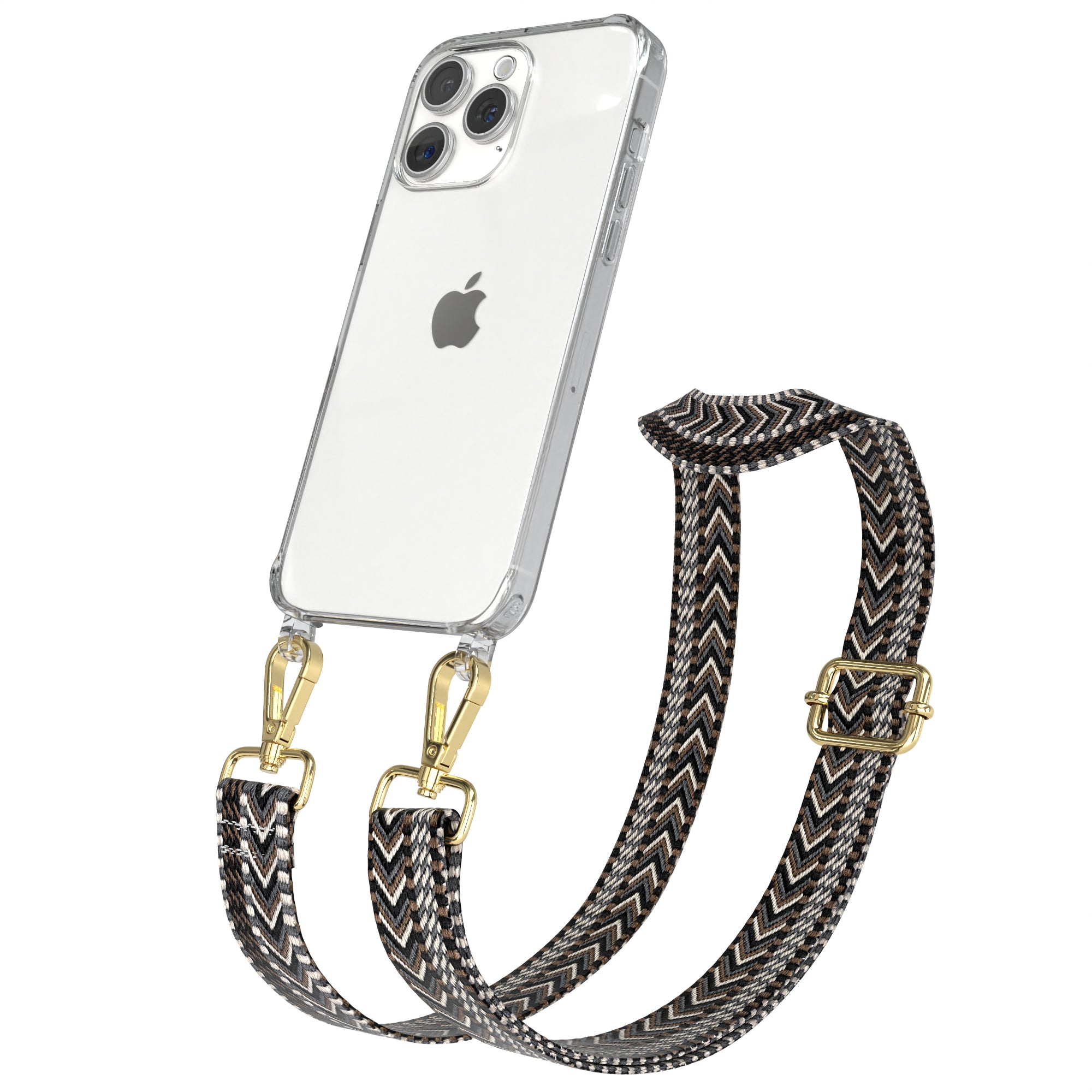 iPhone 15 Pro Max Handykette mit verstellbarem Boho Band Set #farbe-band_grau-schwarz_metallfarbe-gold