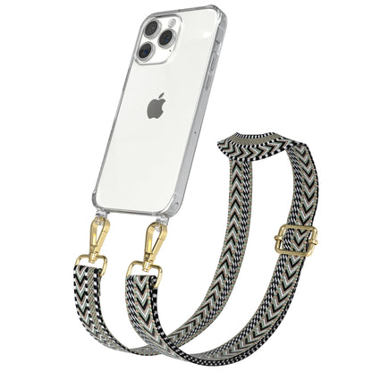 iPhone 15 Pro Max Handykette mit verstellbarem Boho Band Set #farbe-band_grun-schwarz_metallfarbe-gold