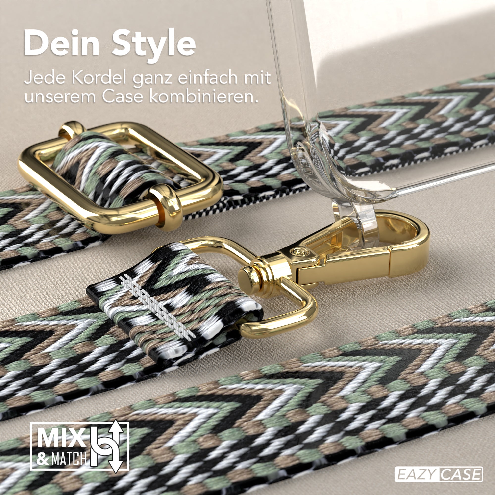 iPhone 15 Pro Max Handykette mit verstellbarem Boho Band Set #farbe-band_grun-schwarz_metallfarbe-gold