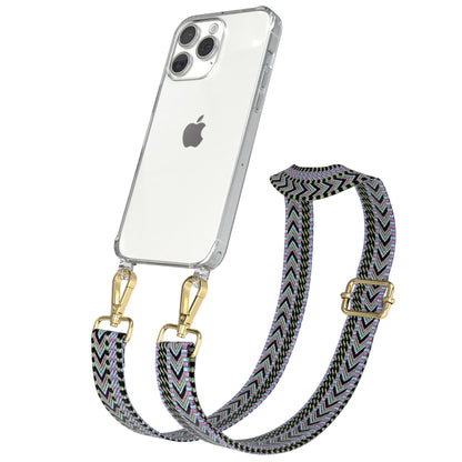 iPhone 15 Pro Max Handykette mit verstellbarem Boho Band Set #farbe-band_lila-grun_metallfarbe-gold