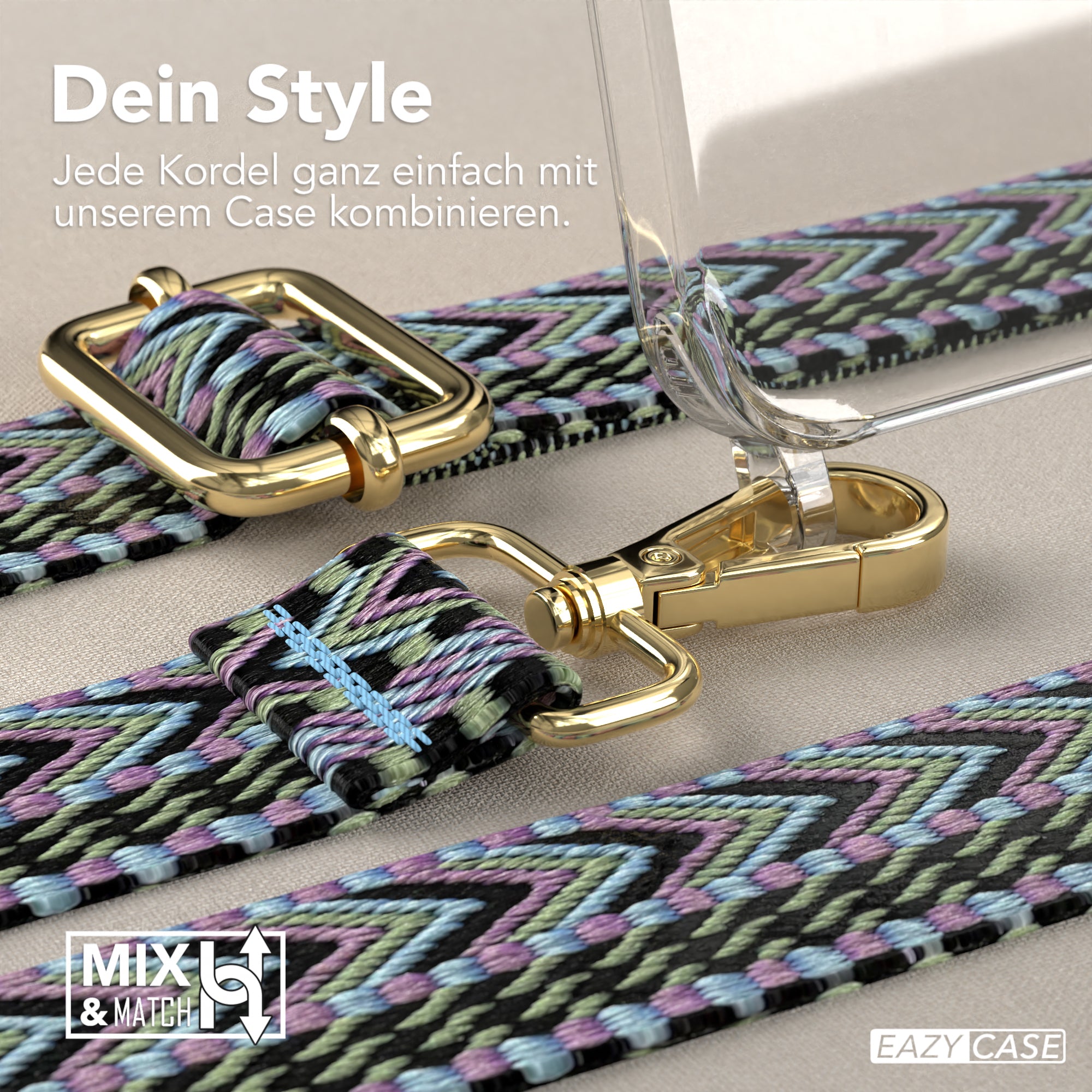 iPhone 15 Pro Max Handykette mit verstellbarem Boho Band Set #farbe-band_lila-grun_metallfarbe-gold