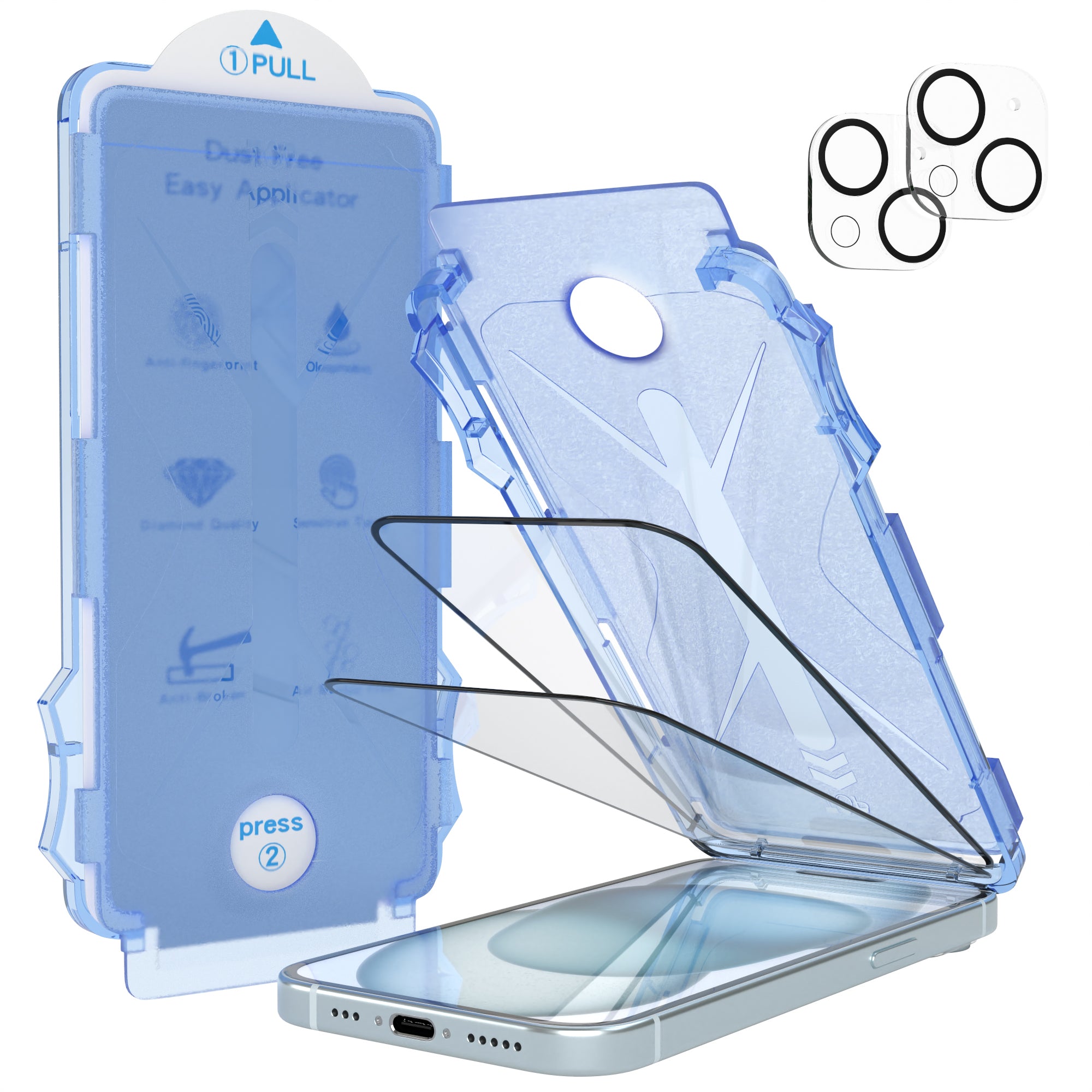 iPhone 15 2er Set Glasfolie + Installationsrahmen