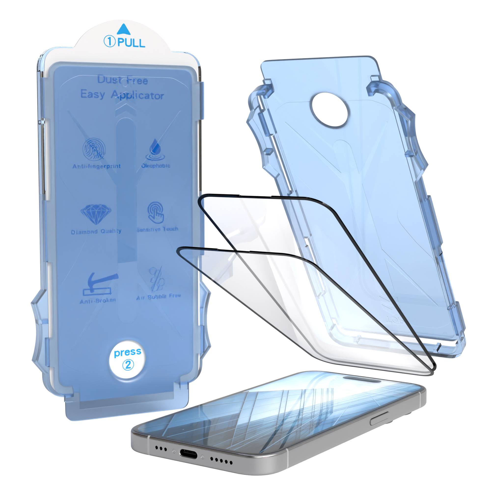 iPhone 15 Pro Schutzfolie Set mit Installationsrahmen und Kameraschutz