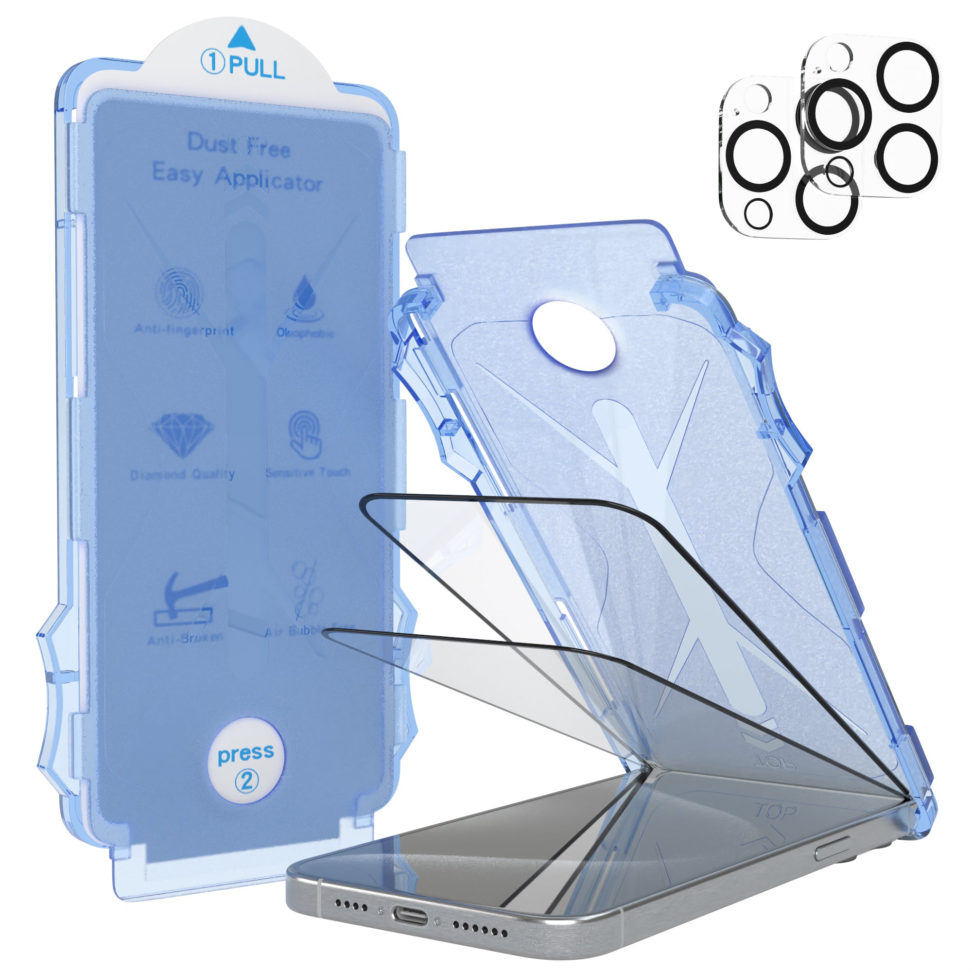 iPhone 15 Pro Max 2er Set Glasfolie + Installationsrahmen