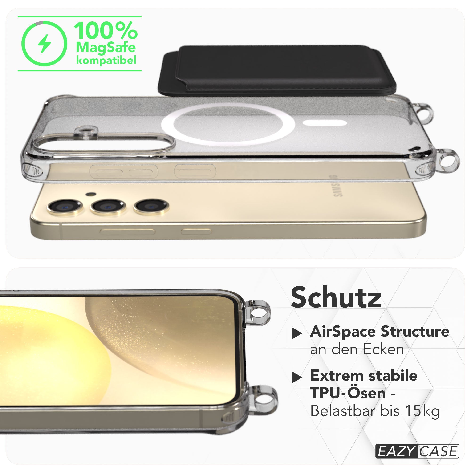 Samsung Galaxy S24 transparente Hülle mit MagSafe Magnetring und Handyketten Ösen