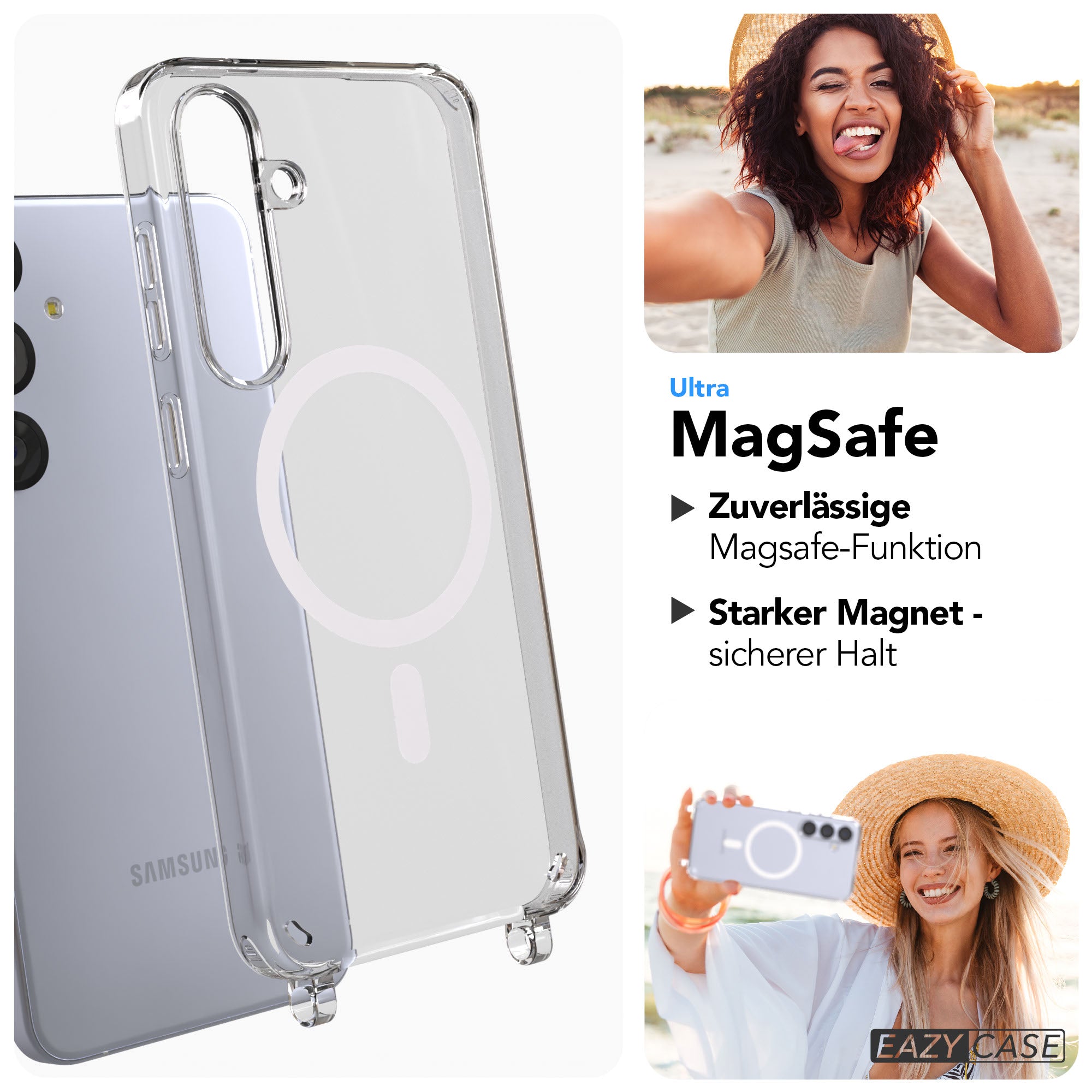 Samsung Galaxy S25 Plus transparente Handyhülle mit MagSafe und Befestigungsösen für Handyketten