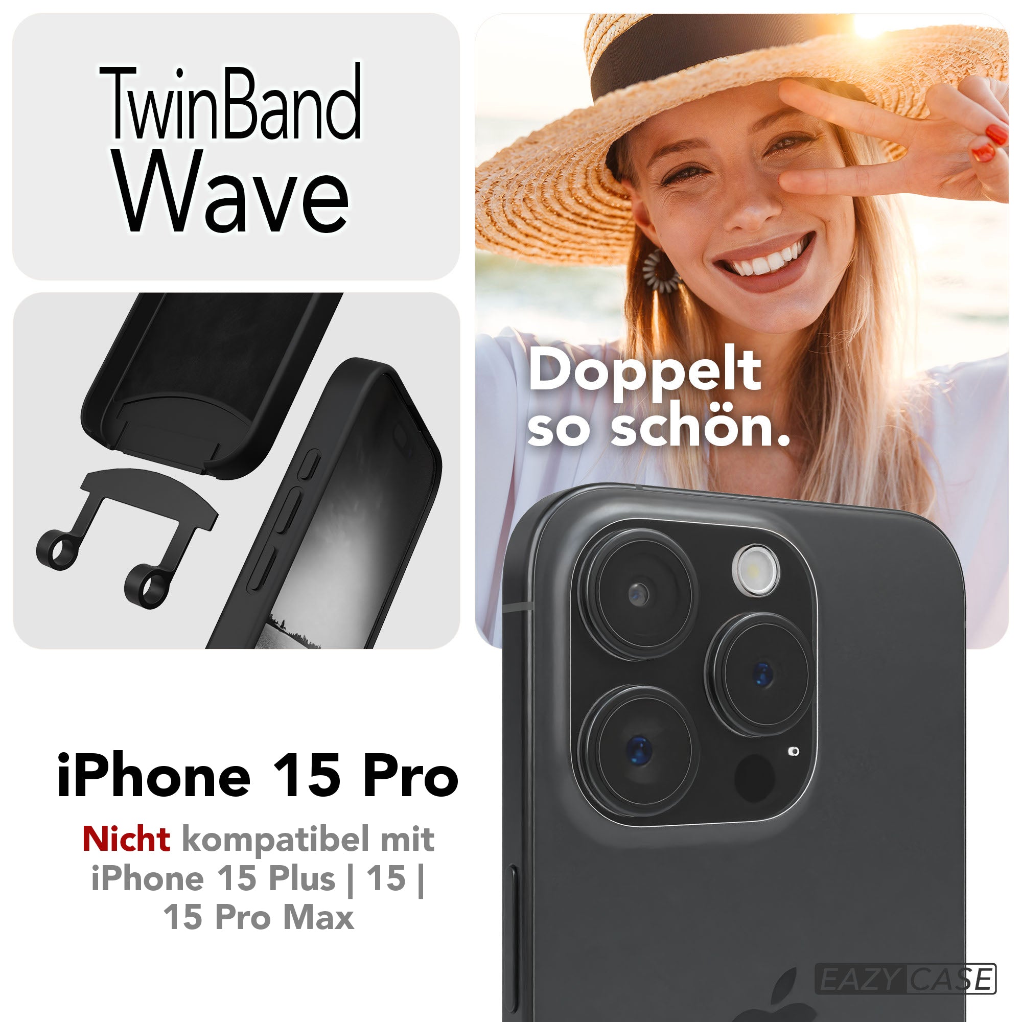 iPhone 15 Pro 2in1 Handykette mit abnehmbarer Silikonhülle und Boho Band 