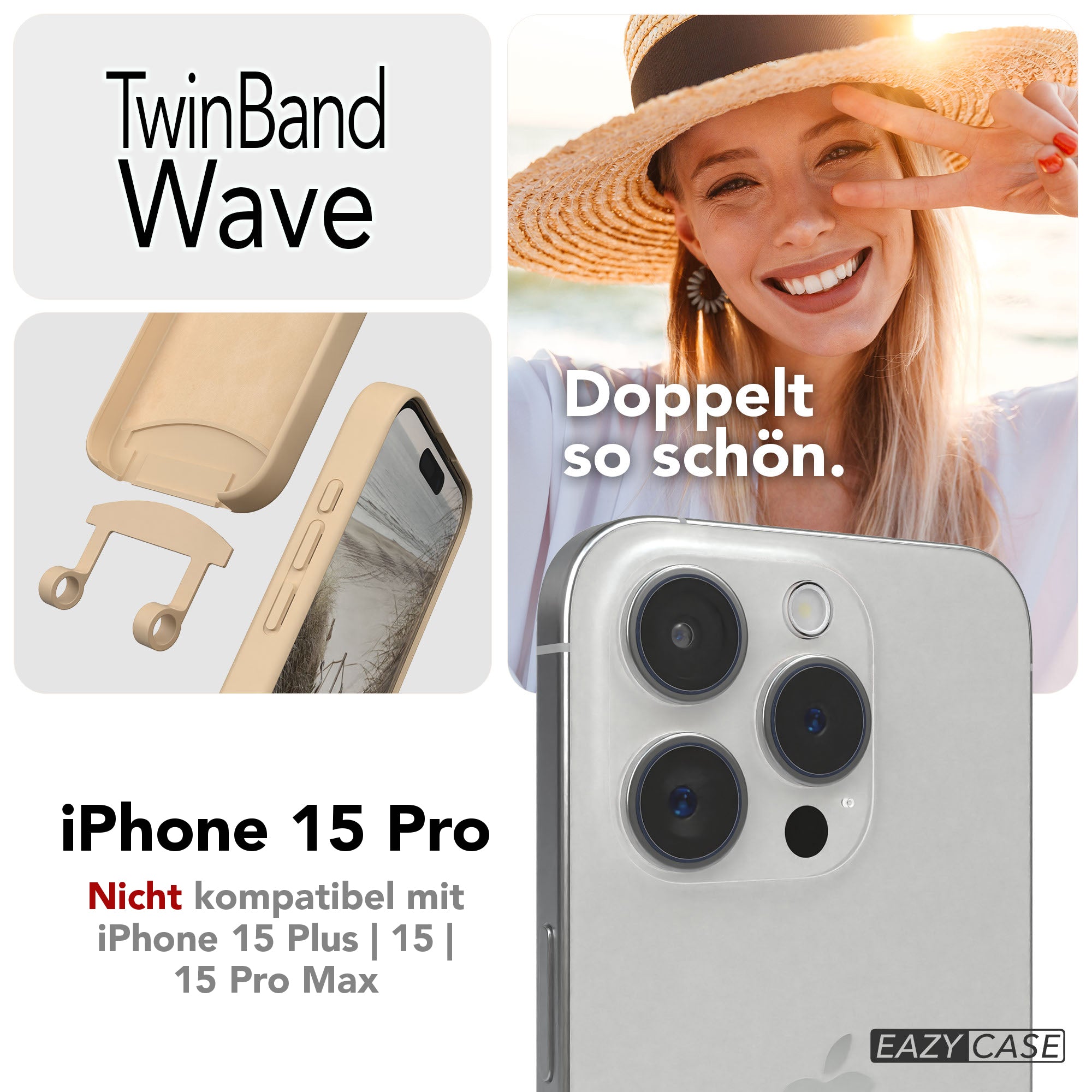 iPhone 15 Pro 2in1 Handykette mit abnehmbarer Silikonhülle und Boho Band 