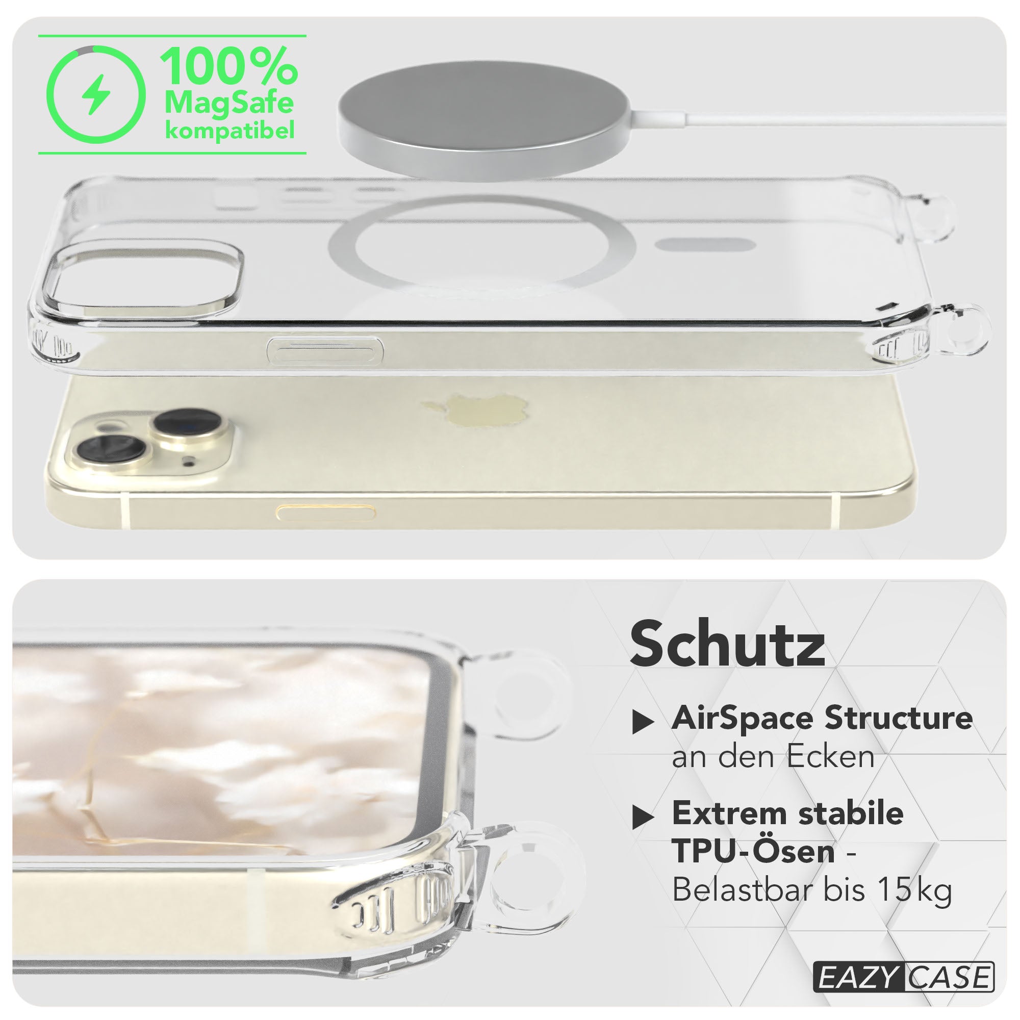 iPhone 15 Plus MagSafe Handykette mit verstellbarem Boho Band Set 