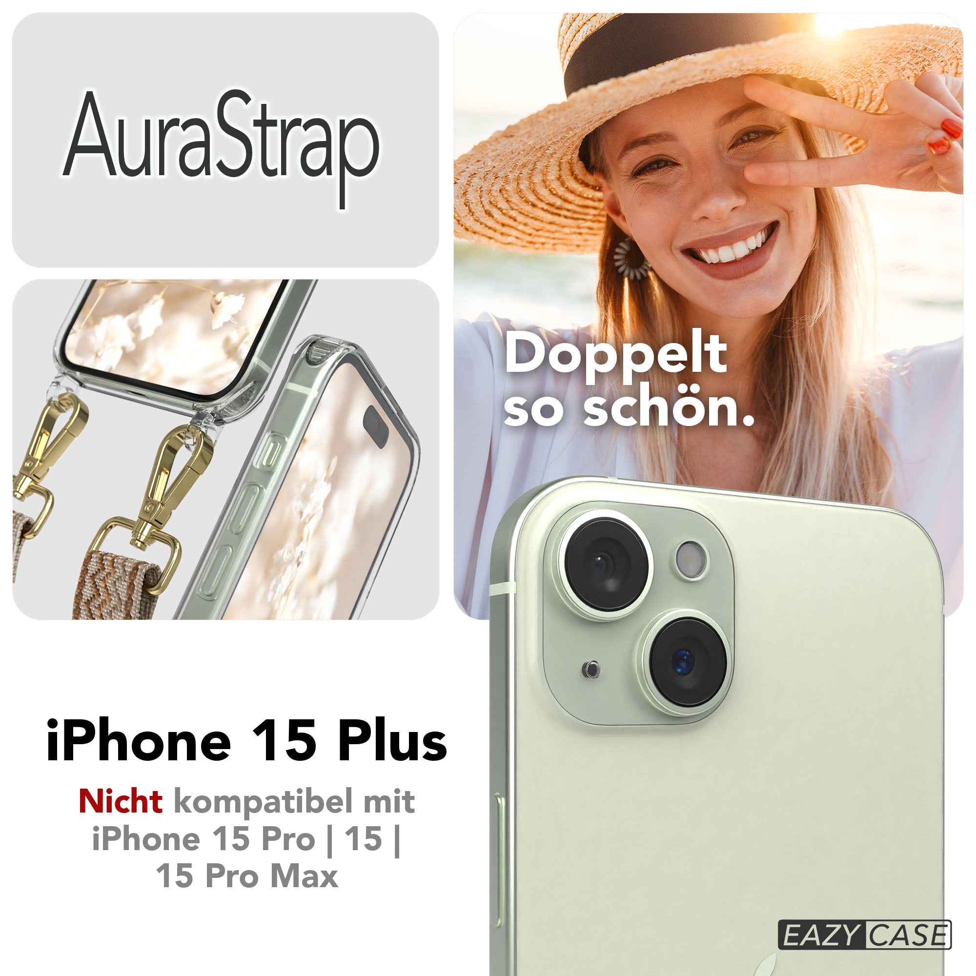 iPhone 15 Plus MagSafe Handykette mit verstellbarem Boho Band Set 