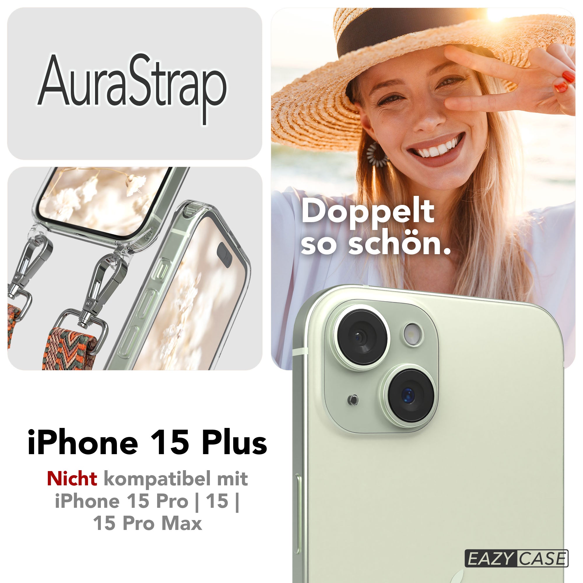 iPhone 15 Plus MagSafe Handykette mit verstellbarem Boho Band Set 