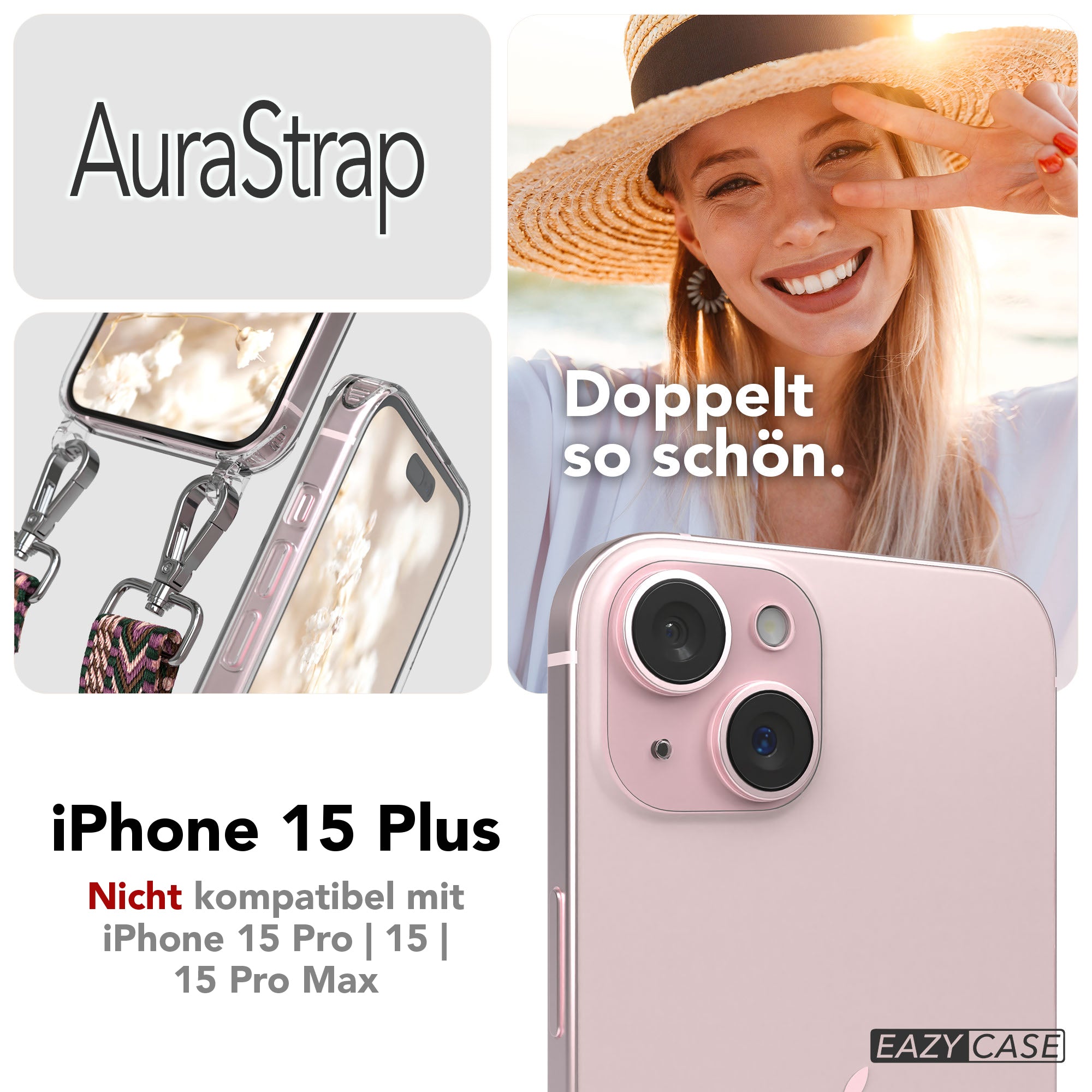 iPhone 15 Plus MagSafe Handykette mit verstellbarem Boho Band Set 