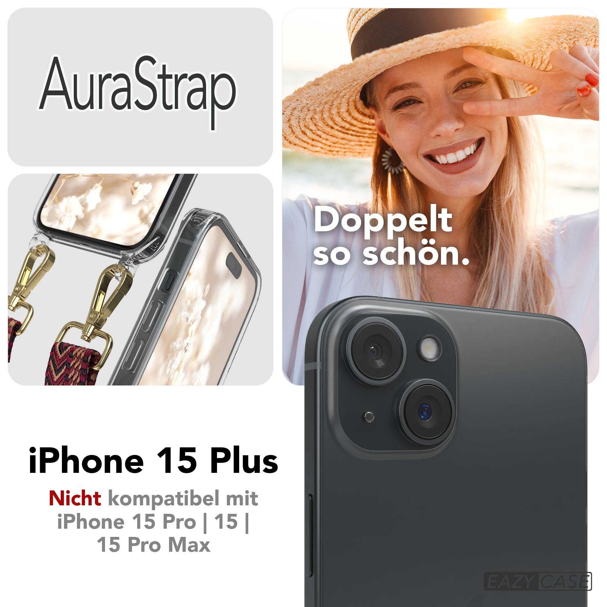 iPhone 15 Plus MagSafe Handykette mit verstellbarem Boho Band Set 