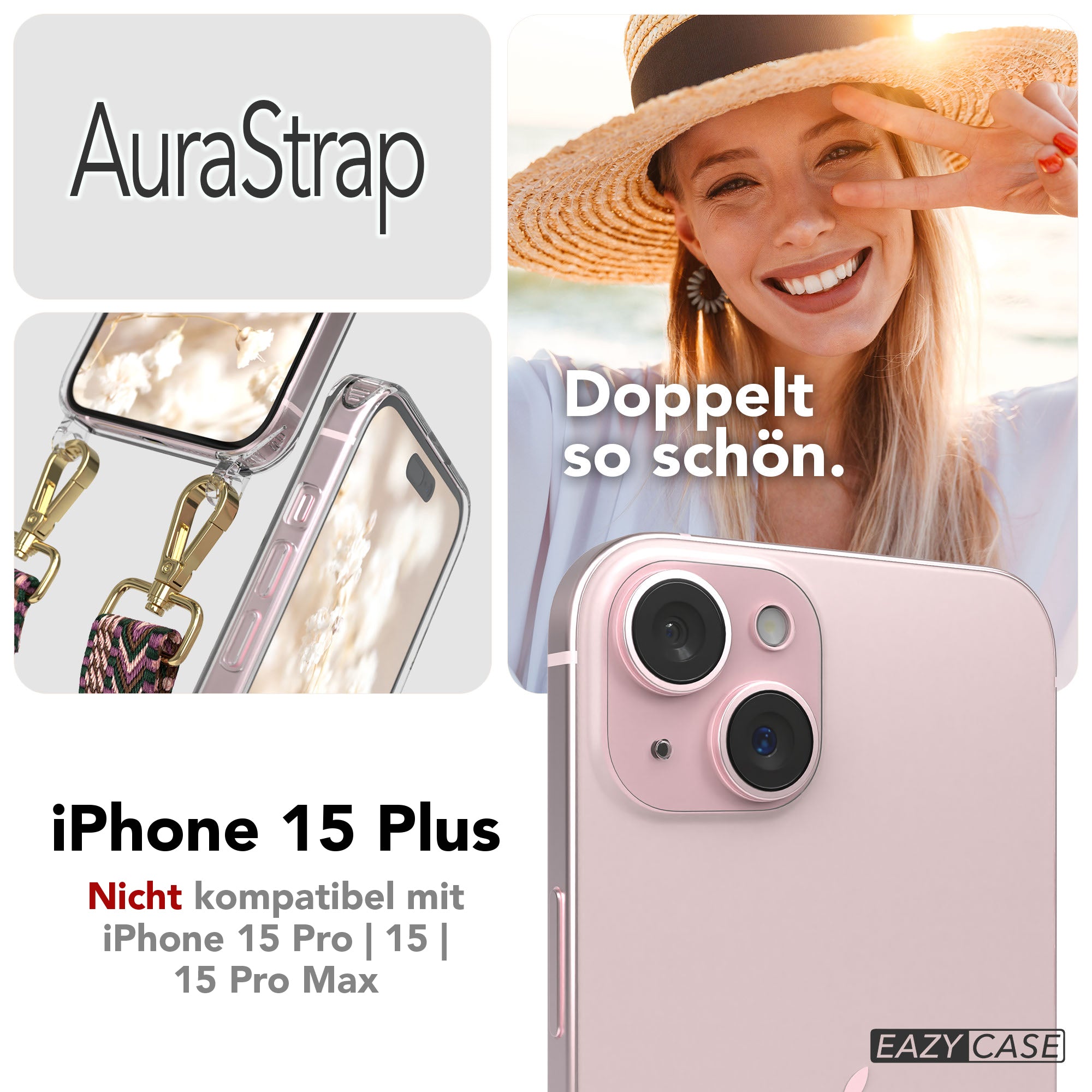 iPhone 15 Plus MagSafe Handykette mit verstellbarem Boho Band Set 