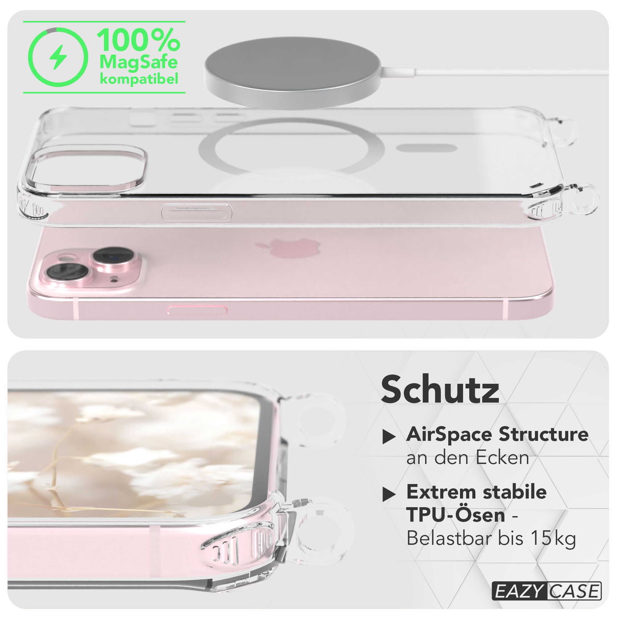 iPhone 15 Plus MagSafe Handykette mit verstellbarem Boho Band Set 