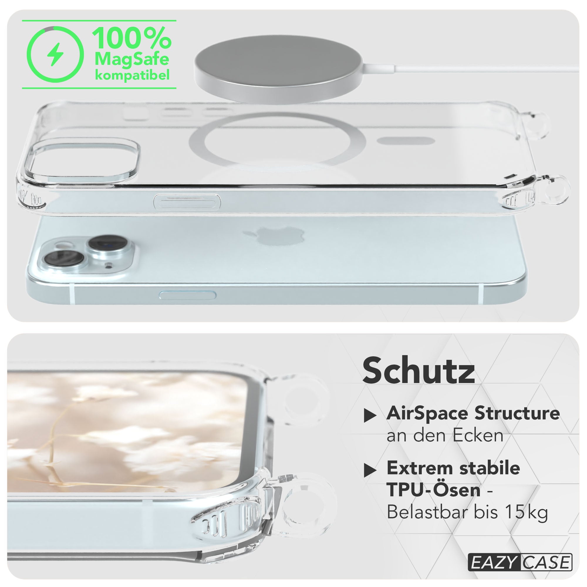 iPhone 15 Plus MagSafe Handykette mit verstellbarem Boho Band Set 