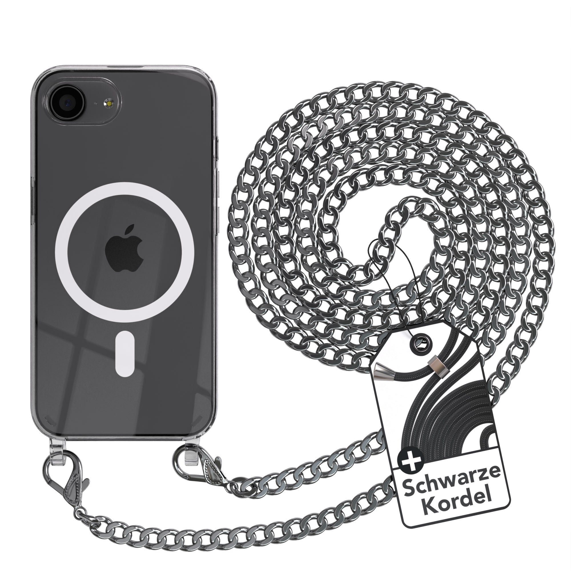 iPhone 16e Hülle mit Metallkette + Schwarze Kordel mit MagSafe