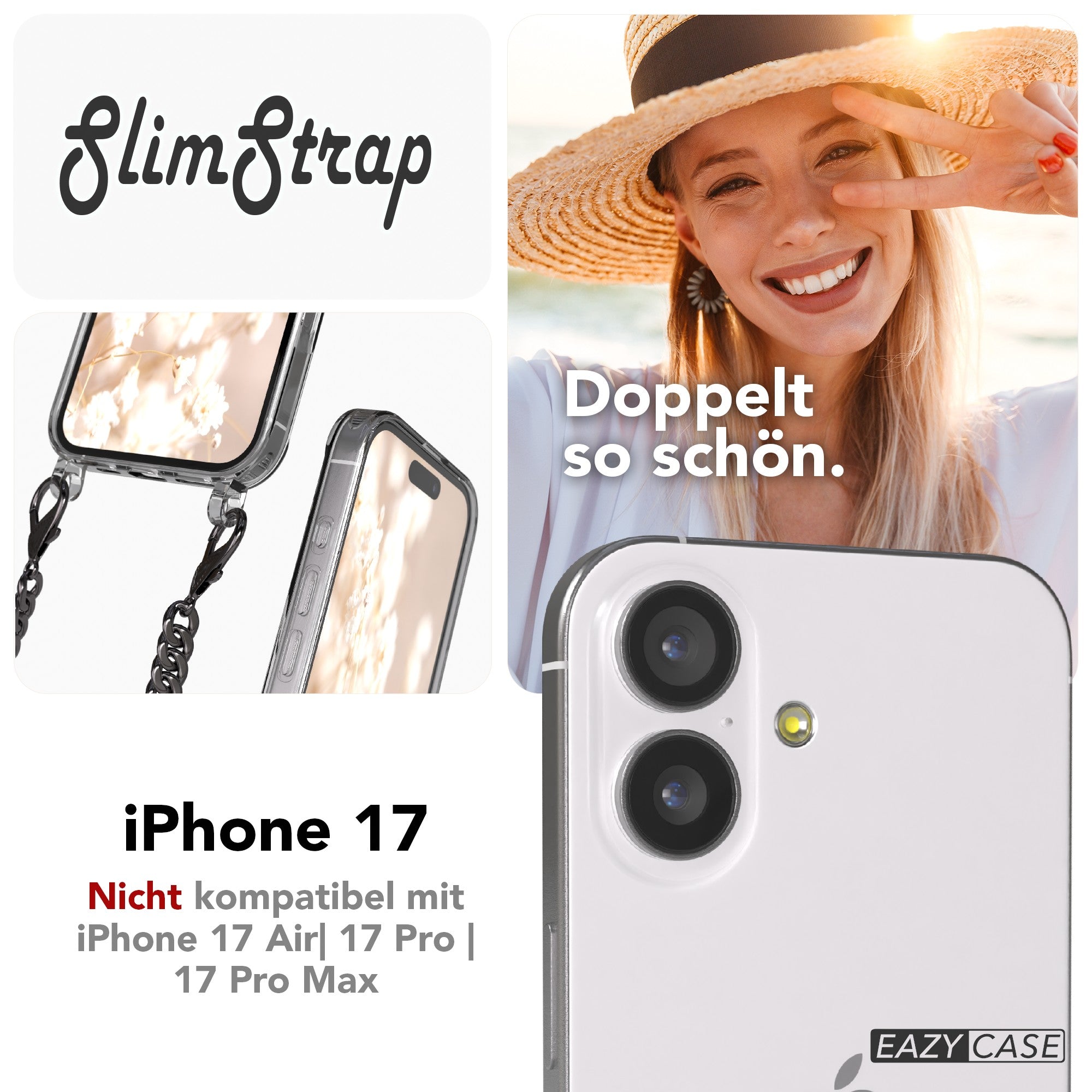 iPhone 17 Hülle mit Metallkette + Schwarze Kordel