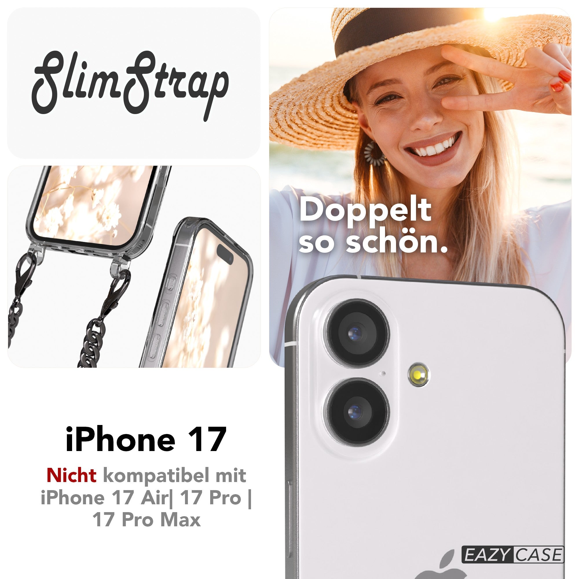 iPhone 17 Hülle mit Metallkette + Schwarze Kordel mit MagSafe