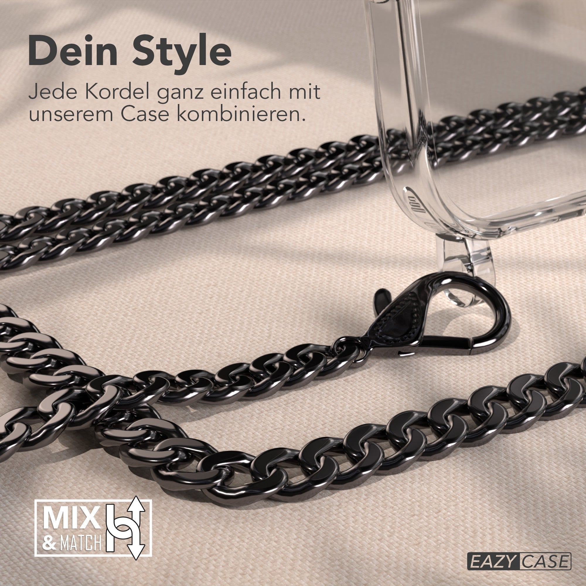 iPhone 17 Hülle mit Metallkette + Schwarze Kordel mit MagSafe