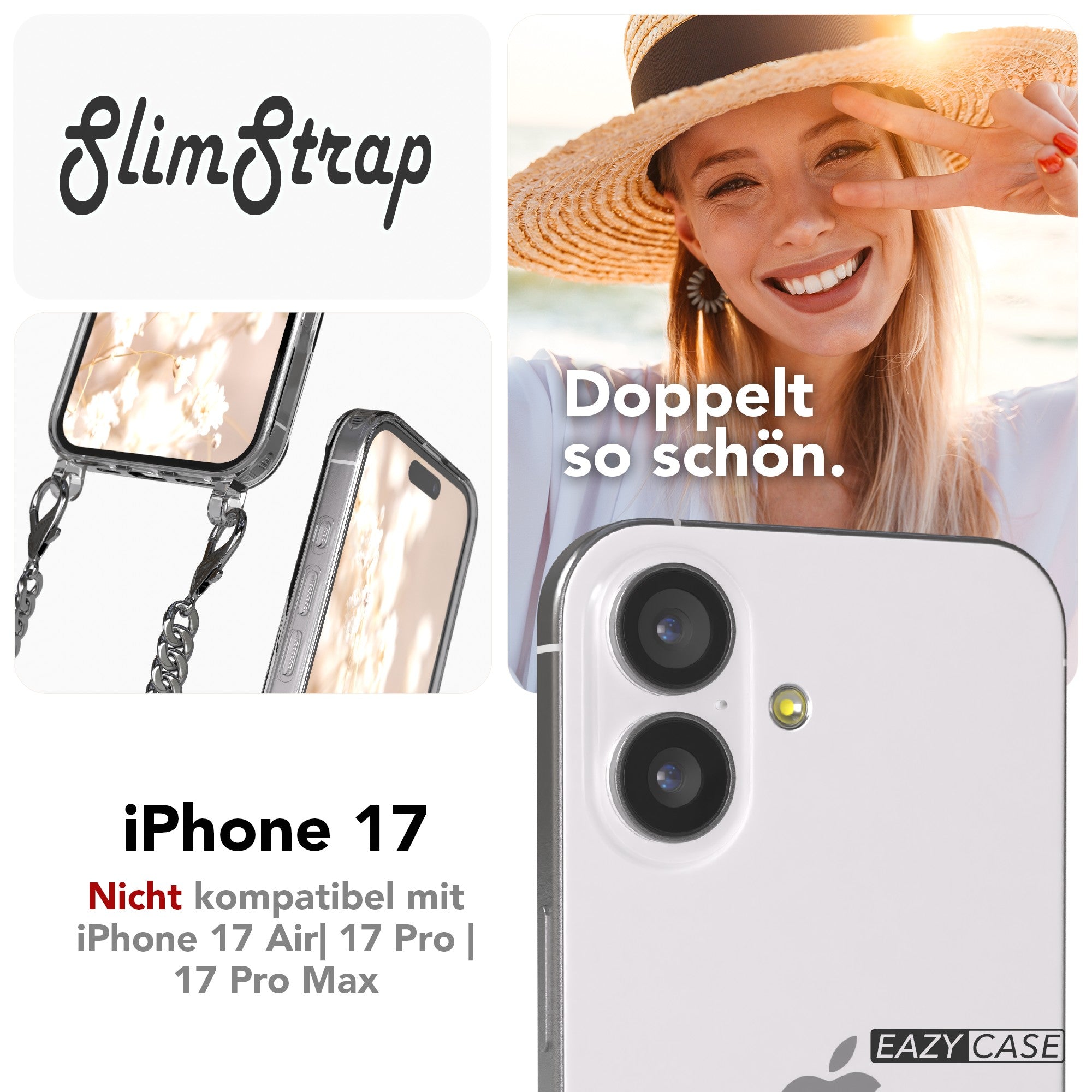 iPhone 17 Hülle mit Metallkette + Schwarze Kordel mit MagSafe